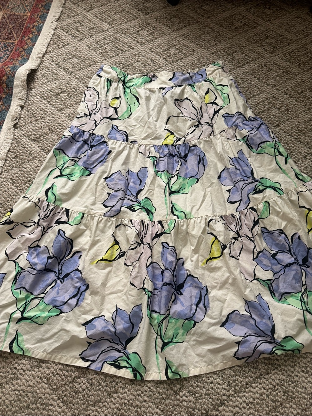 Floral Tiered Midi Skirt in White with Purple & Green Print